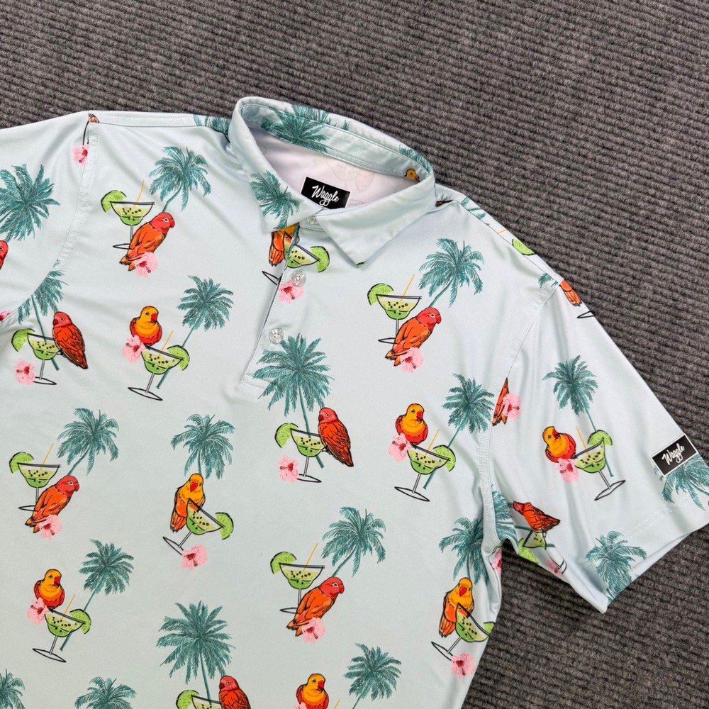 Waggle Golf Tropical Parrot Margarita Performance Polo Shirt Mens Large Casual